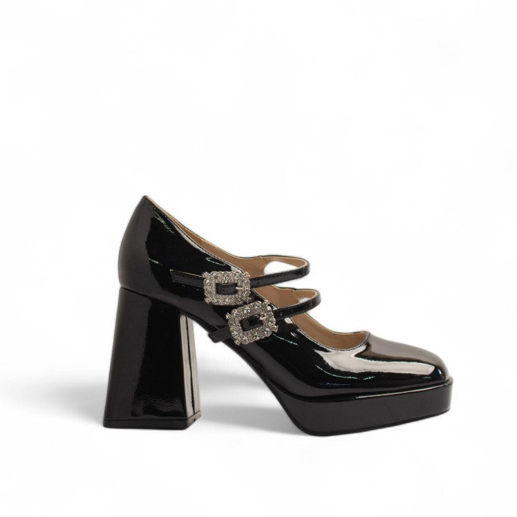 Europeon Union Women Black Vernis Leather Heels #3403