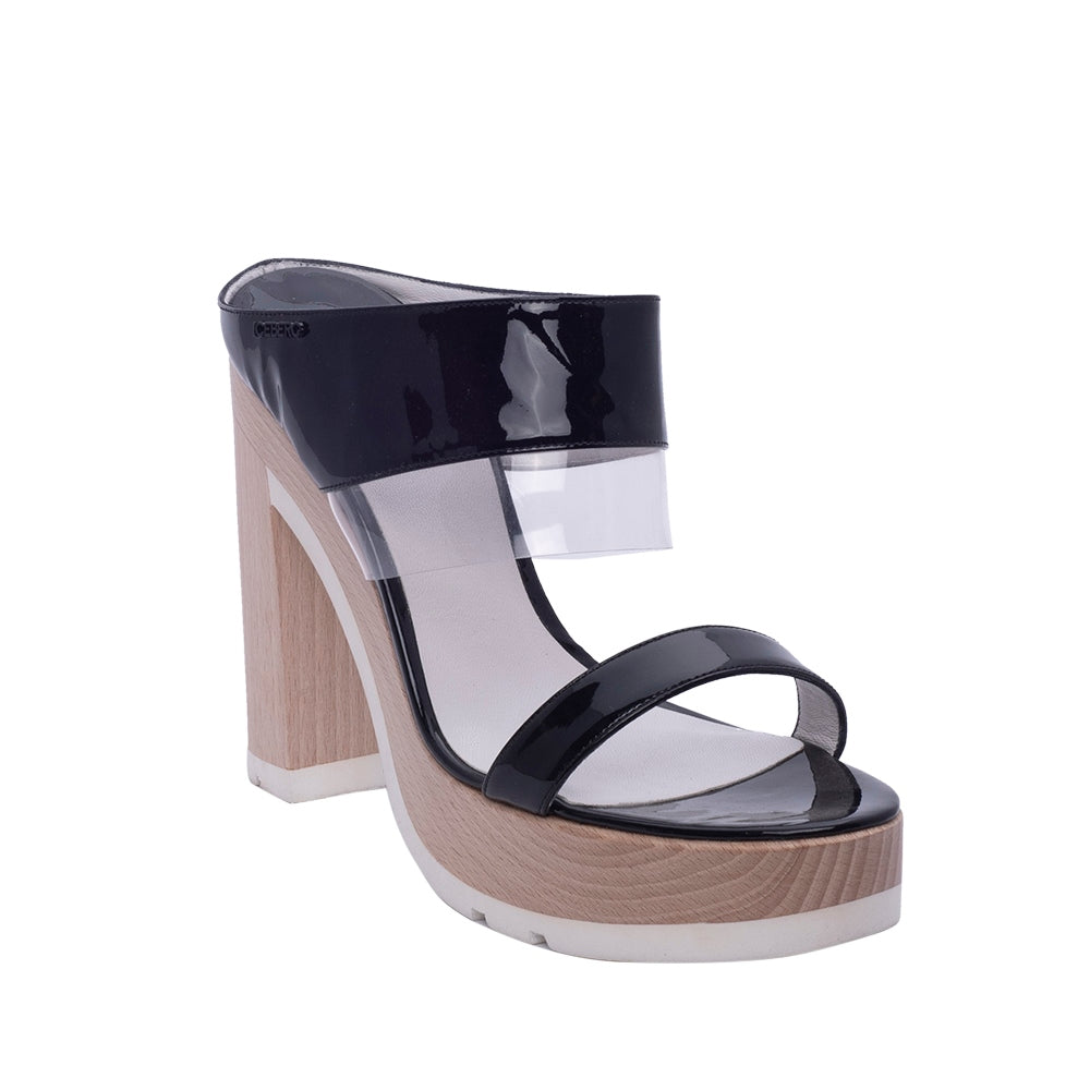 Italian Women Black Leather Wedges #5727