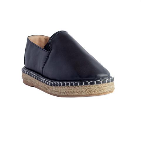 Women Black Leather Espadrilles #0802