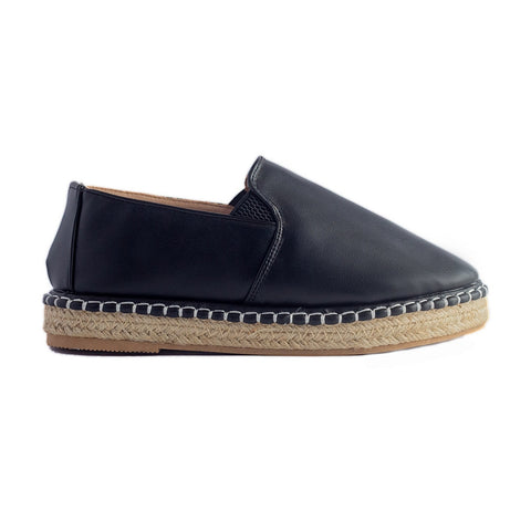 Women Black Leather Espadrilles #0802