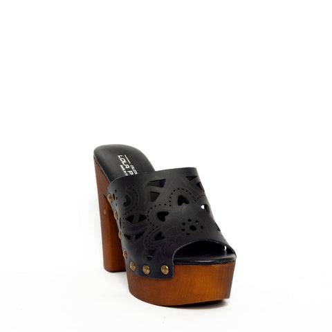 Italian Women Black Leather Wedges #9353