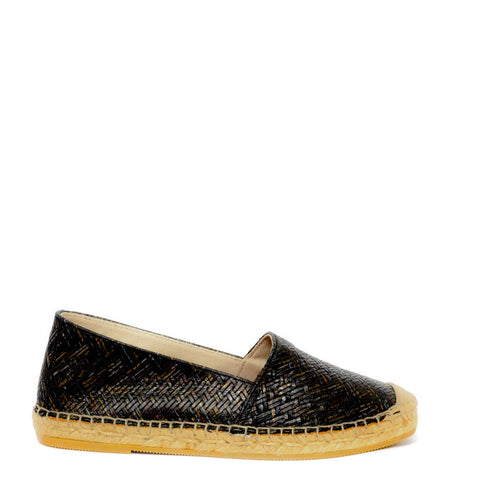 Spanish Women Black Leather Espadrilles #9558