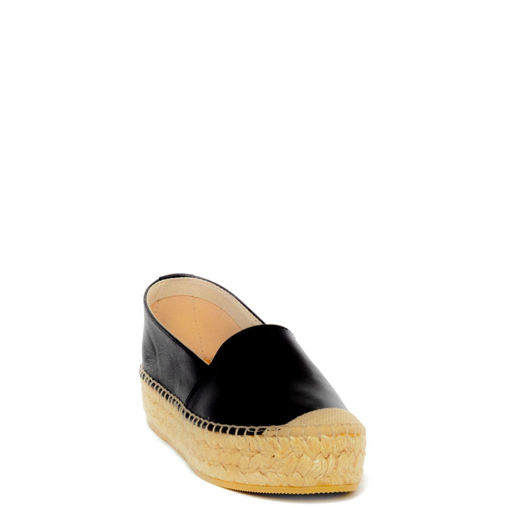 Spanish Women Black Leather Espadrilles #9559