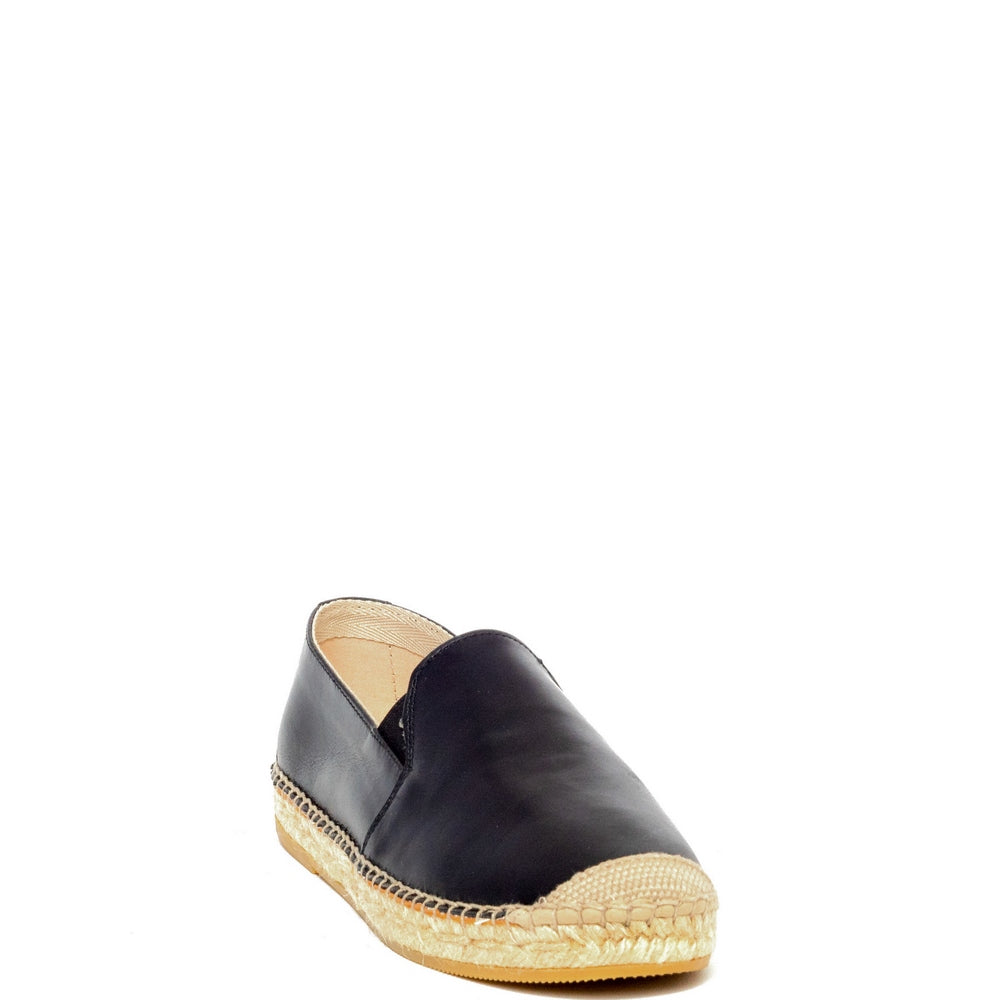 Spanish Women Black Leather Espadrilles #9584