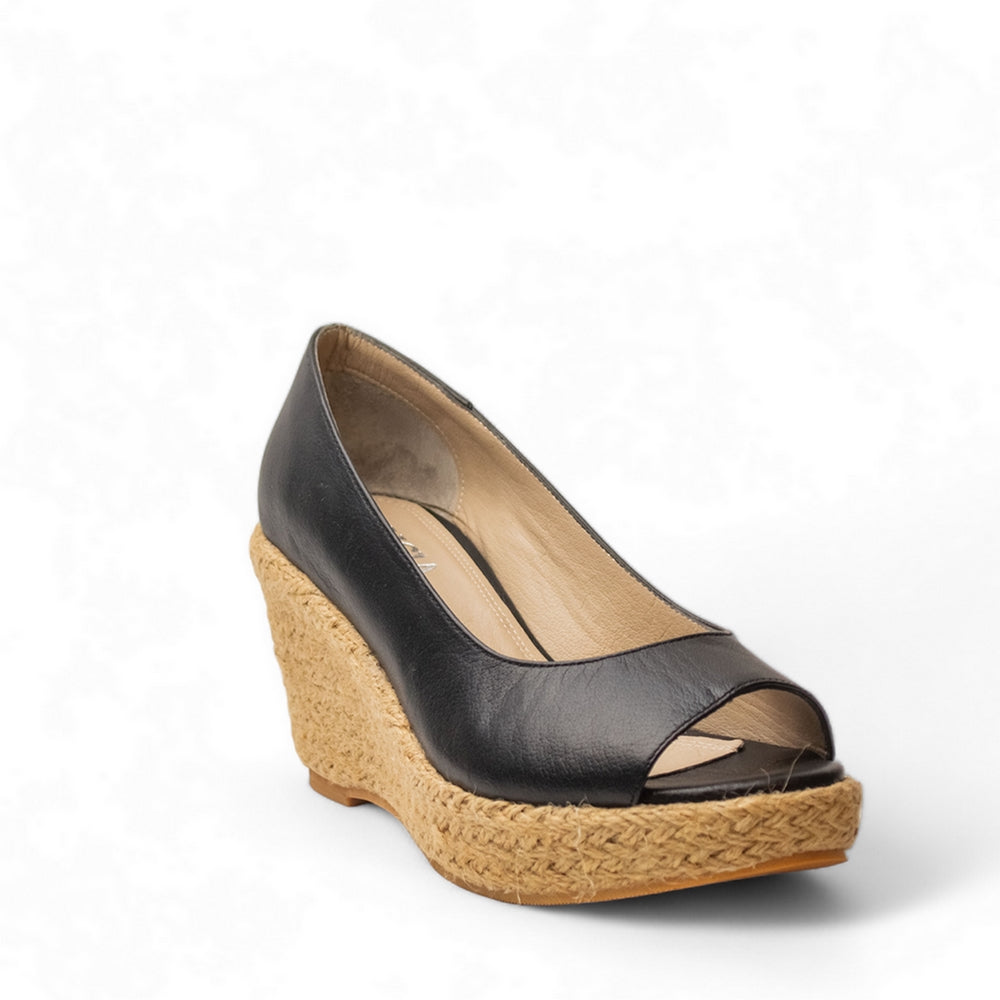 Women Black Leather Wedges #2905