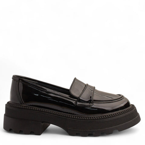 Women Black Vernis Leather Loafers #3837