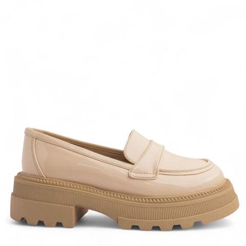 Women Beige Vernis Leather Loafers #3839