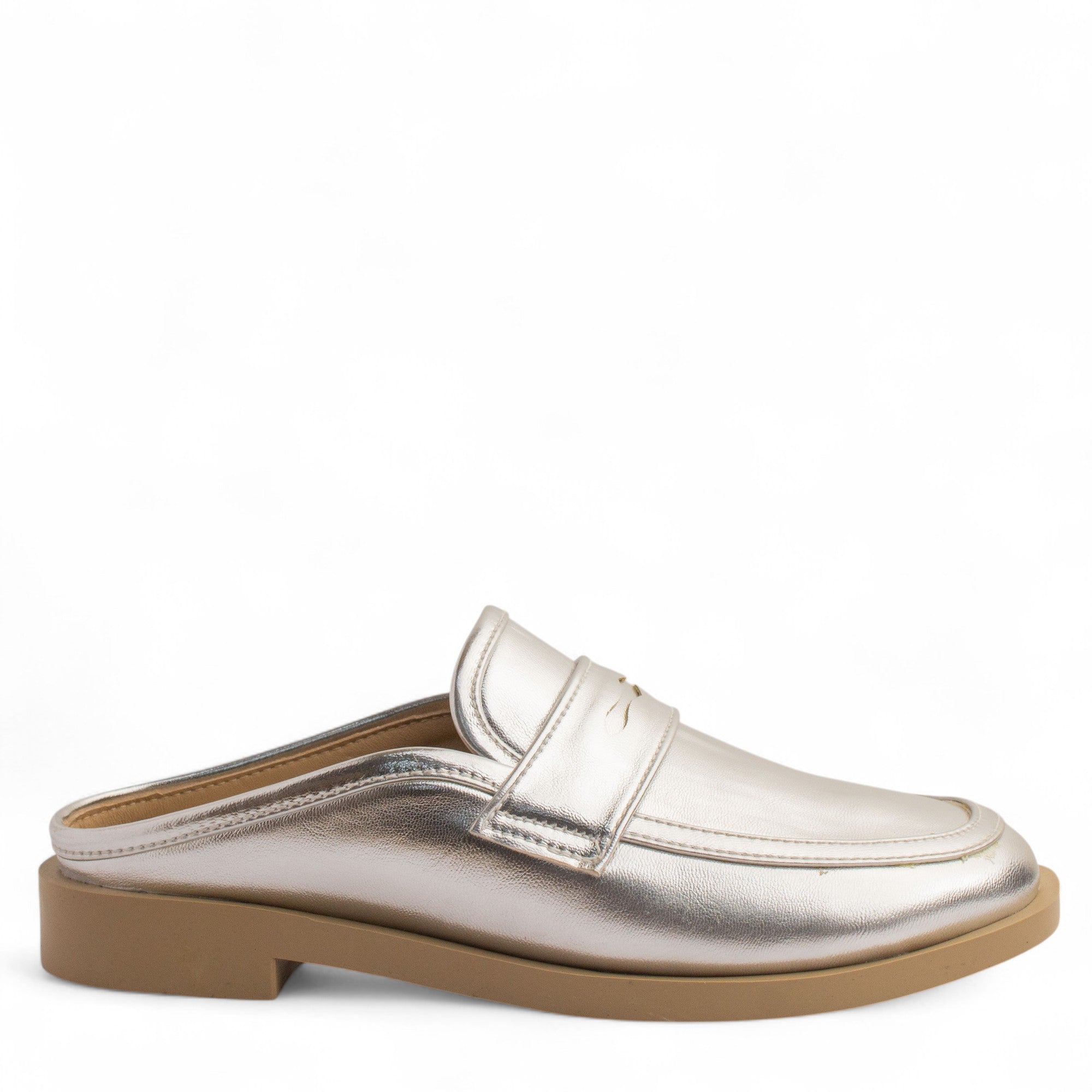 Women Silver Vernis Leather Mules #3843
