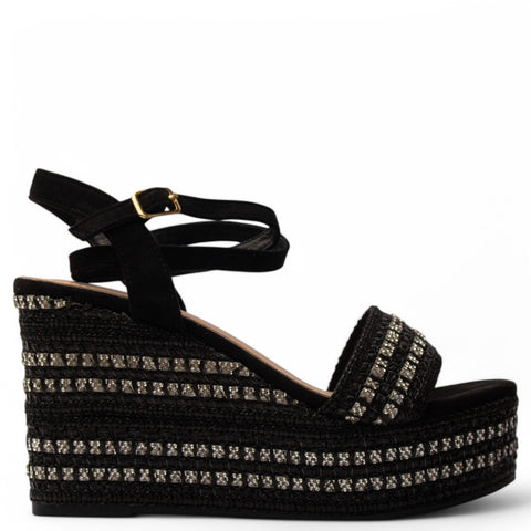 Europeon Union Women Black Cloth Wedges #3918