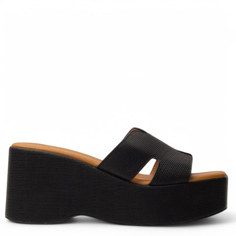 Europeon Union Women Black Leather Wedges #4041