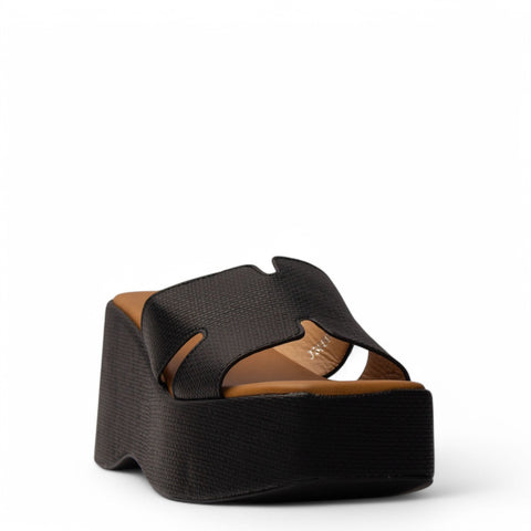 Europeon Union Women Black Leather Wedges #4041