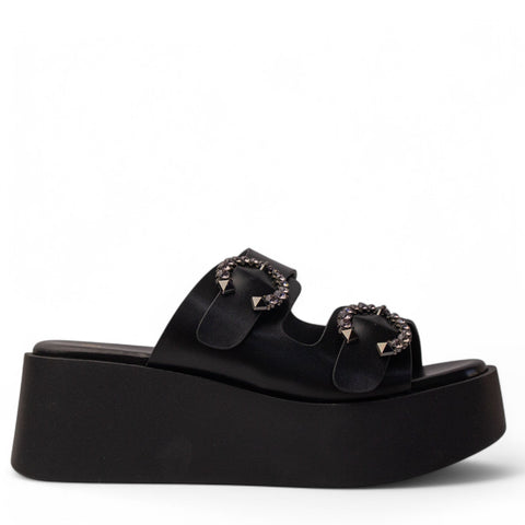 Europeon Union Women Black Leather Wedges #4212