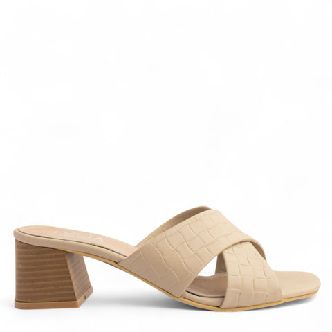 Women Beige Leather Heels #4296