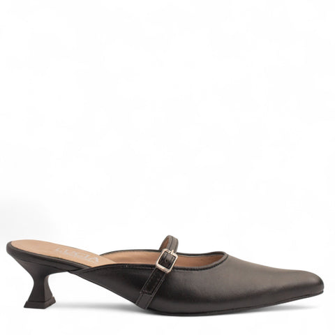 Women Black Leather Mules #4301