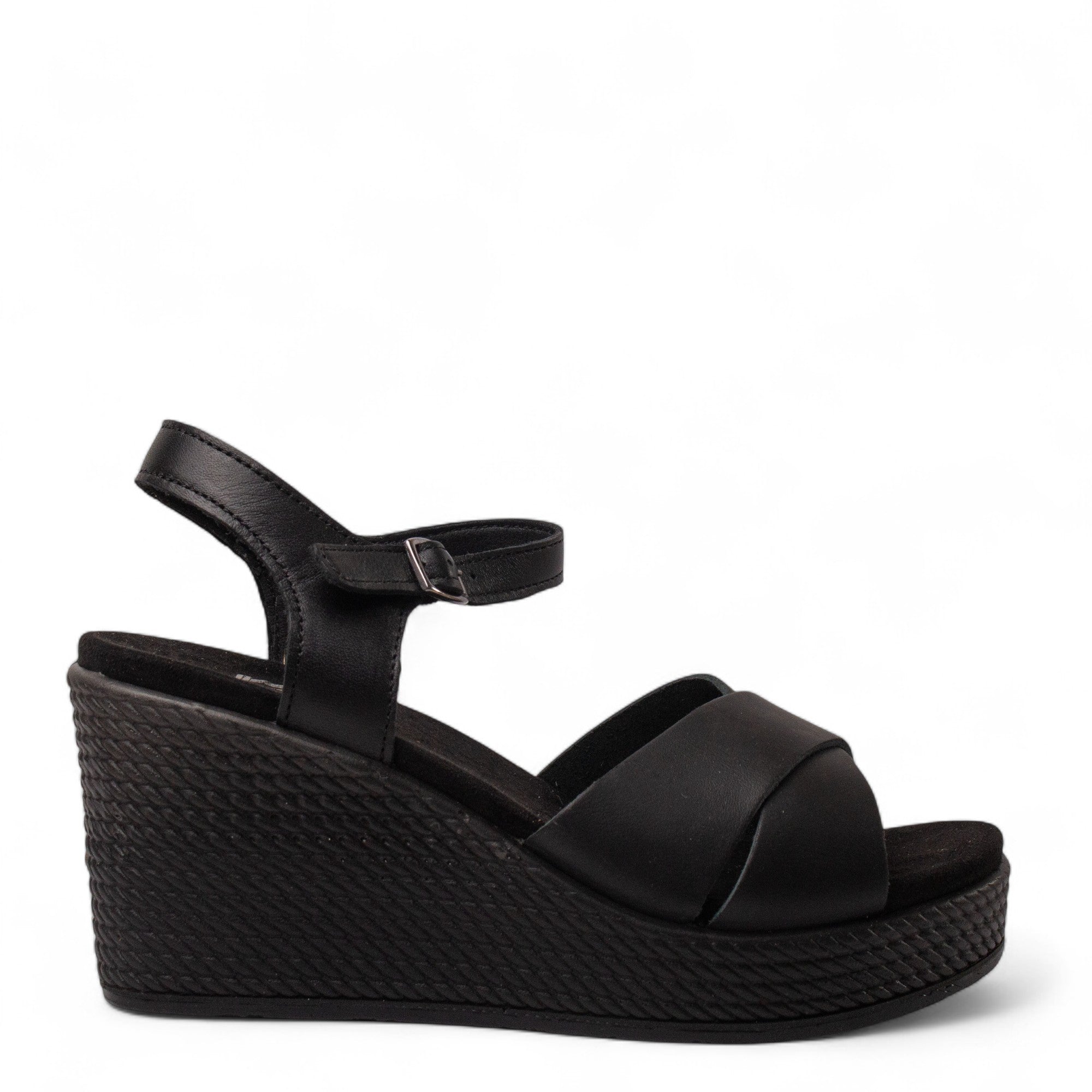 Italian Women Black Leather Sandal #4414