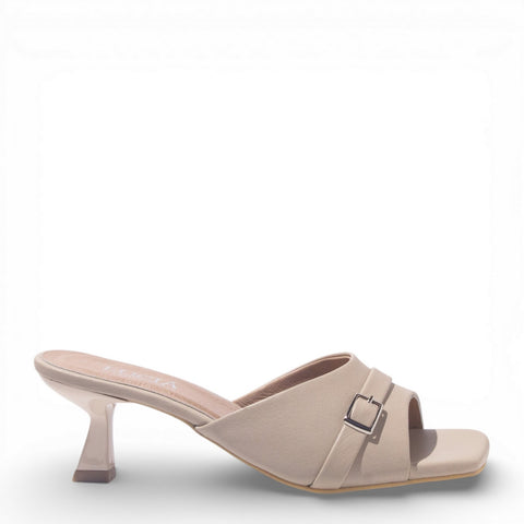 Women Beige Leather Heels #4857