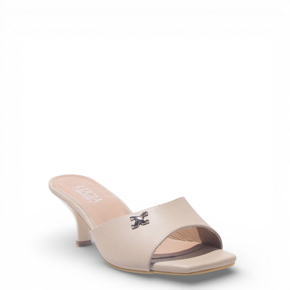 Women Beige Leather Heels #4864