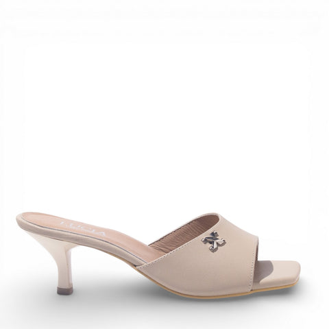 Women Beige Leather Heels #4864