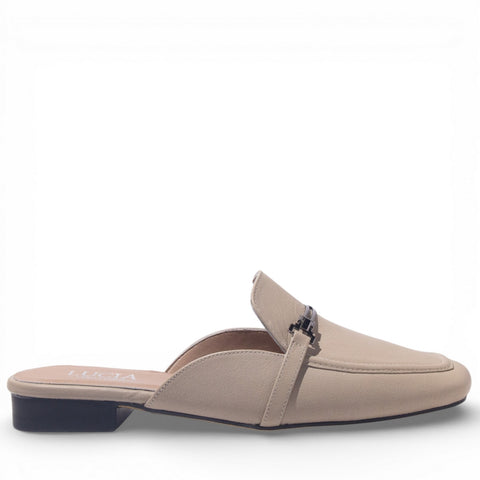 Women Beige Leather Mules #4870