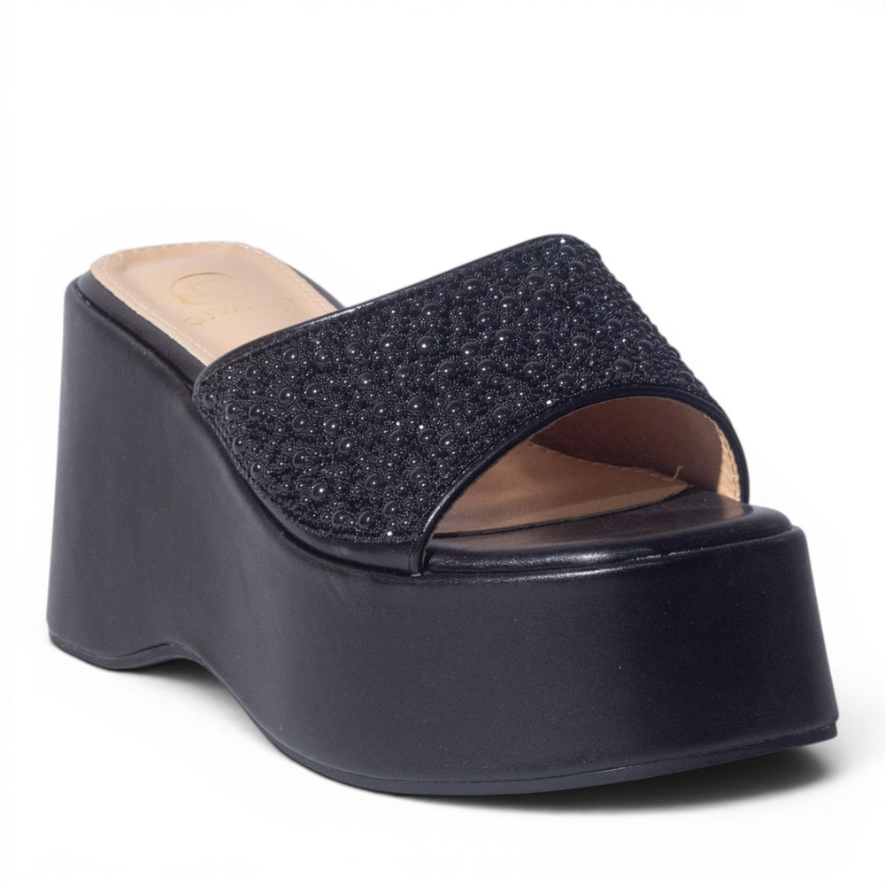 Europeon Union Women Black Glitter Wedges #4987