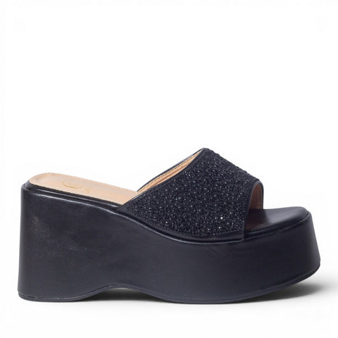 Europeon Union Women Black Glitter Wedges #4987