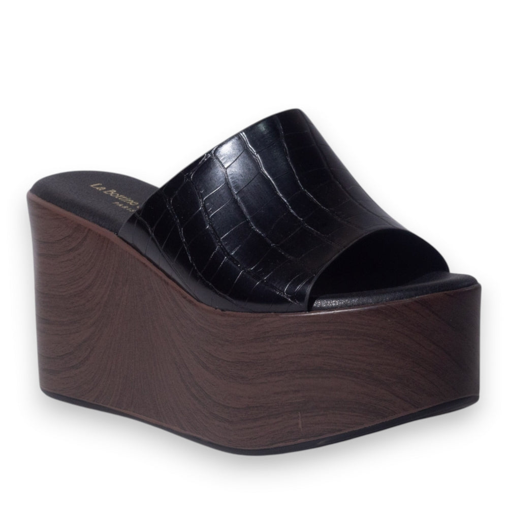 Europeon Union Women Black Leather Wedges #5113