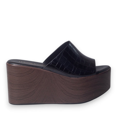 Europeon Union Women Black Leather Wedges #5113