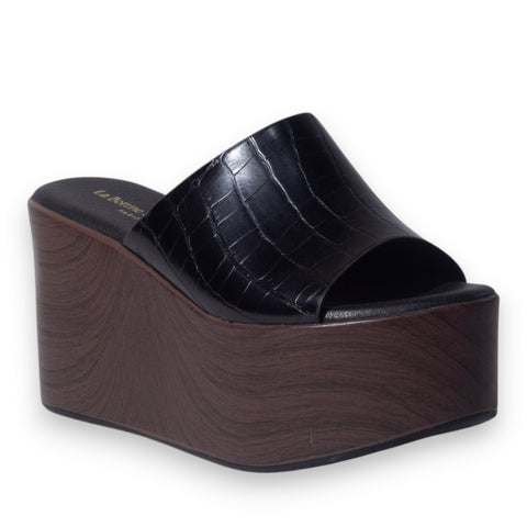 Europeon Union Women Black Leather Wedges #5113