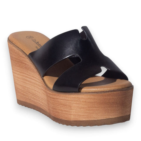 Europeon Union Women Black Leather Wedges #5119