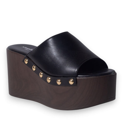 Europeon Union Women Black Leather Wedges #5139