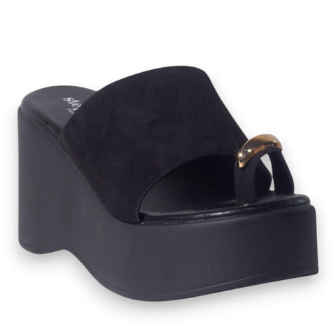 Europeon Union Women Black Chamois Wedges #5151