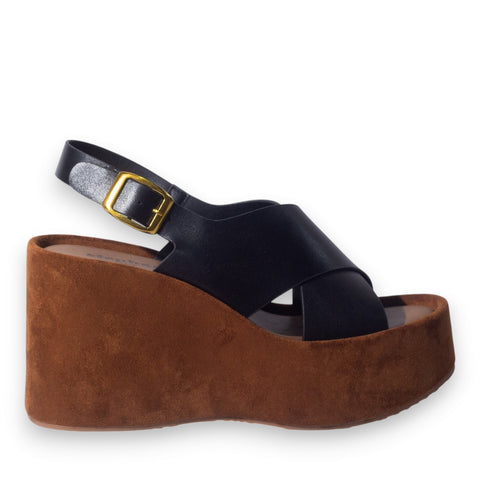 Europeon Union Women Black Leather Wedges #5165