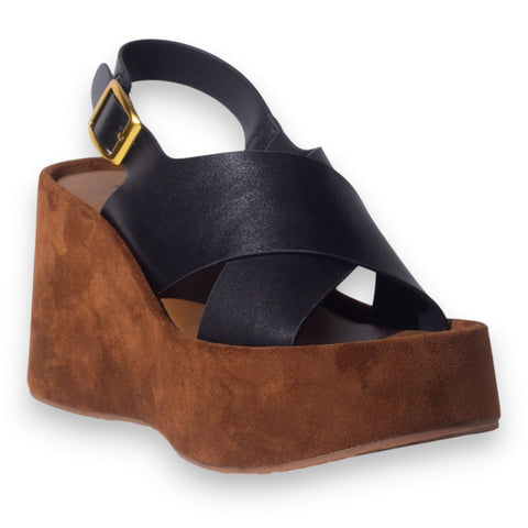 Europeon Union Women Black Leather Wedges #5165