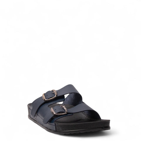 Men Navy Leather Slipper #4919